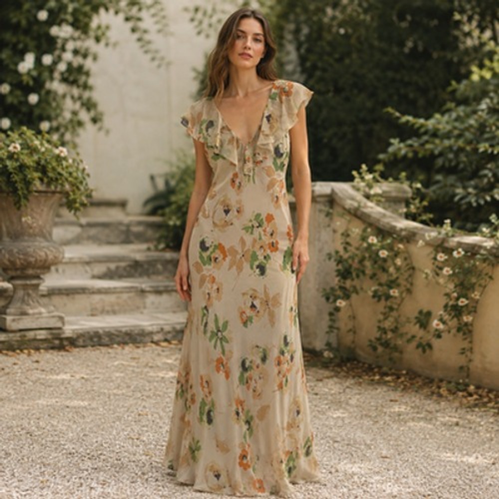 Polo Ralph Lauren Silk Floral Maxi Dress Womens 4 Ruffle V Neck Cottagecore Airy